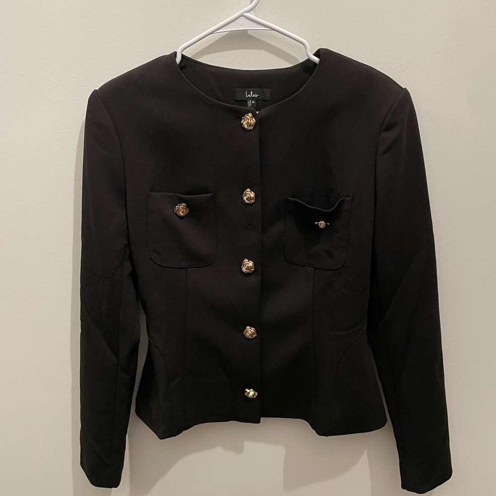 Lulu's Black Collarless Blazer with Gold Buttons